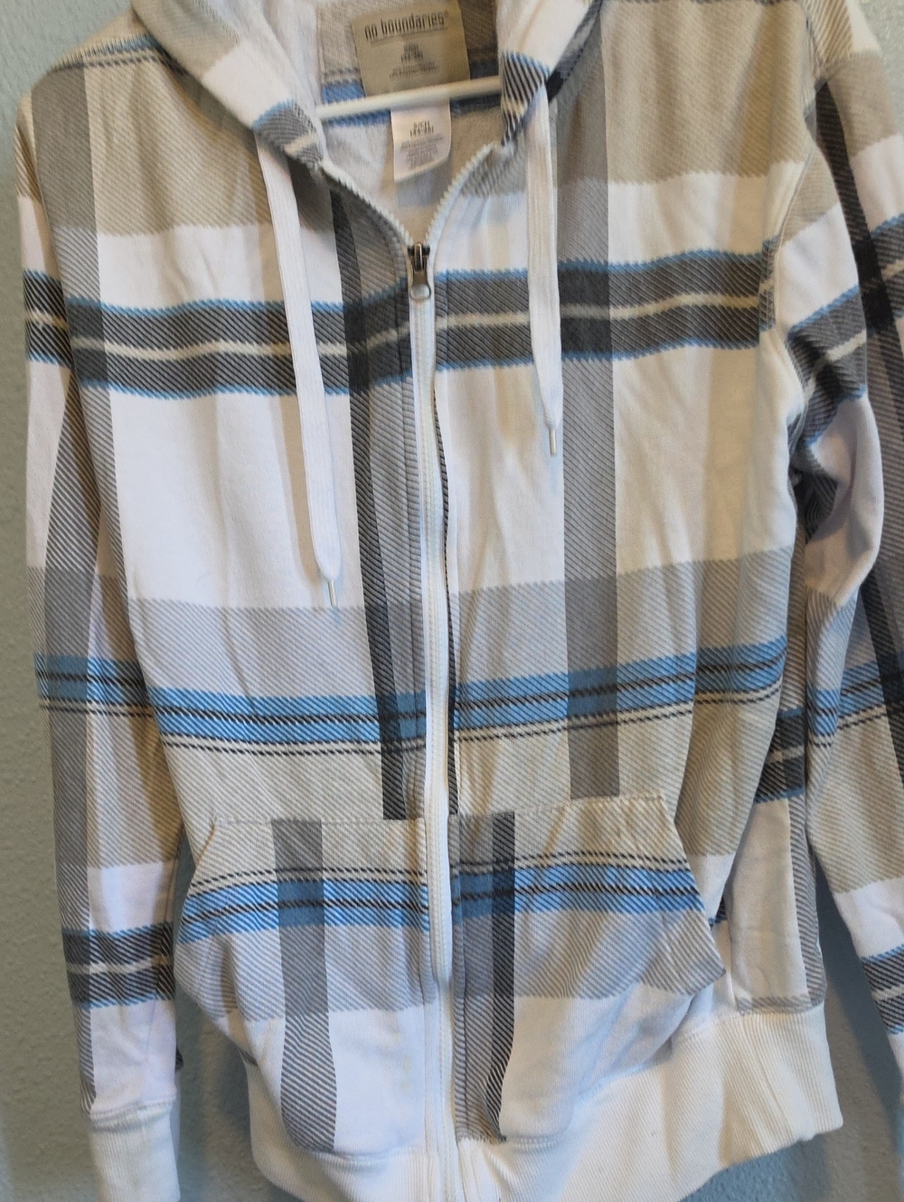 No Boundaries Plaid Zip Hoodie Jacket - White, Gray & Light Blue
